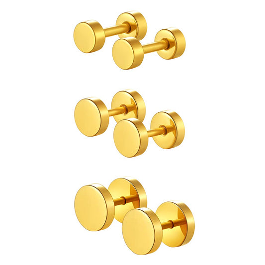 18K Gold Plated Round Stud Earrings for Men Women Cartilage Ear Piercing Plugs Tunnel Fashion Jewelry