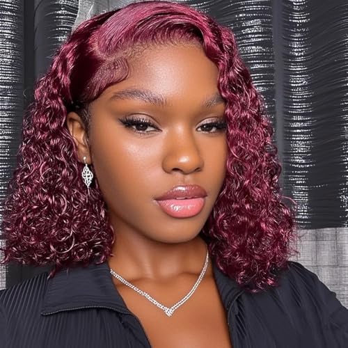 14 Inch 99J Burgundy Deep Wave Curly Bob Wig for Black Women 180% Density Human Hair 13x4 HD Lace Front Wigs