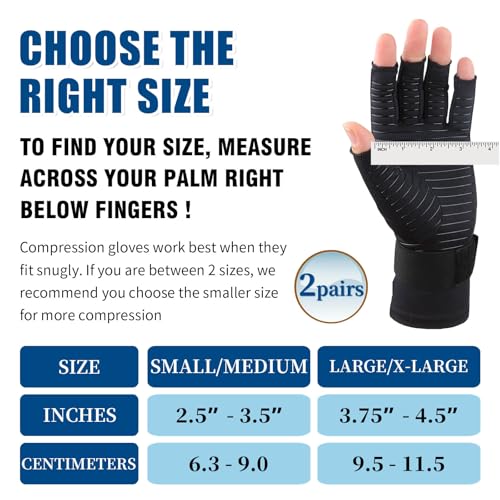 2 Pairs Pack Compression Gloves for Women Men, Copper Arthritis Gloves for Hand Pain Relief, Carpal Tunnel Wrist Support, Rheumatoid, Joint Swelling,Fingerless for Computer Typing(Large/X-Large)