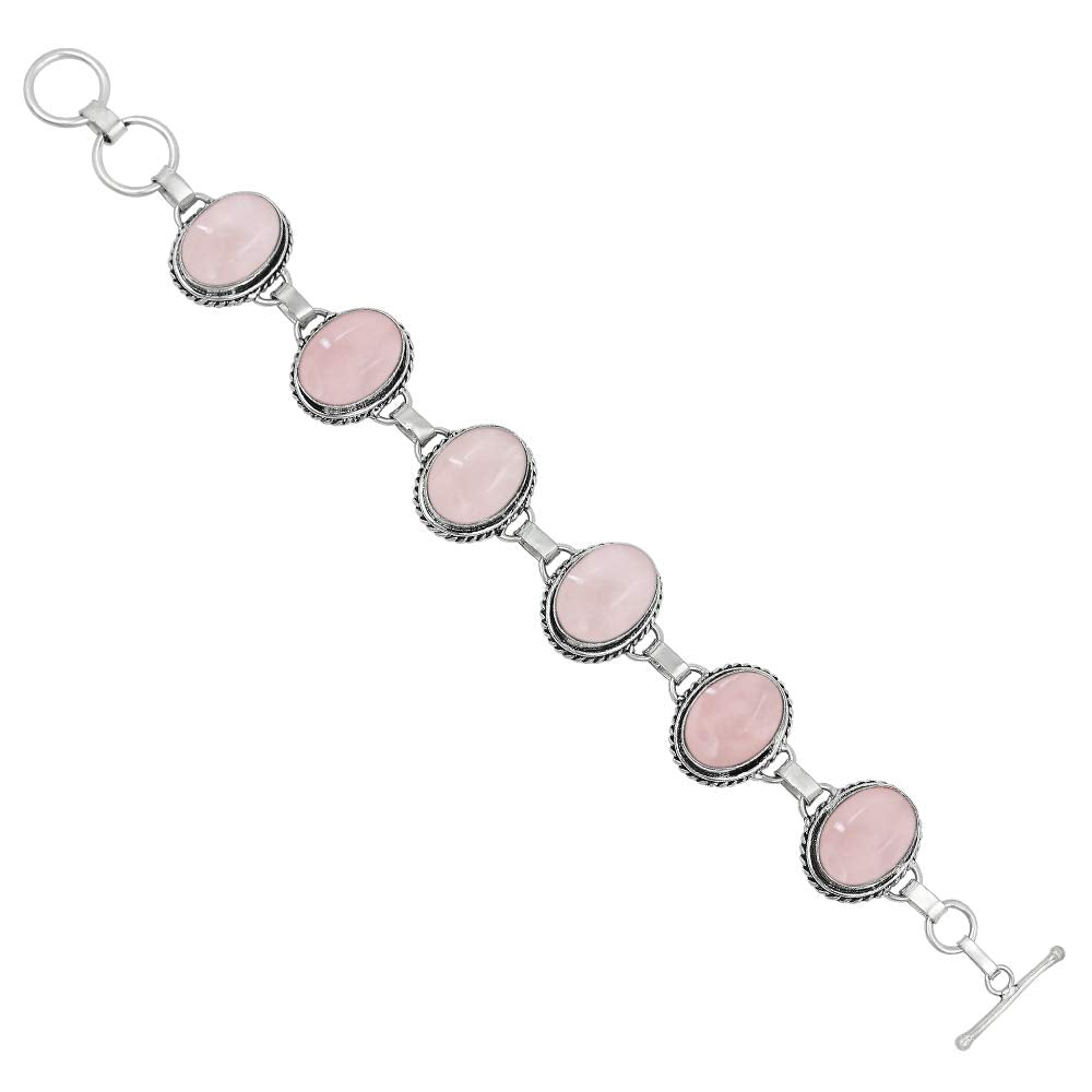 Natural Rose Quartz Silver Plated Handmade Link Bracelet for Women - Pink Color Oval Shape Gemstones January Birthstone Statement Adjustable Bracelet - Valentine Day Gifts for Her