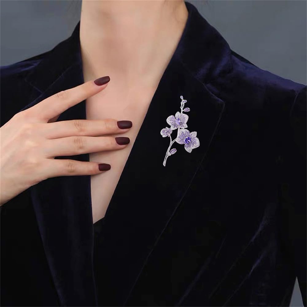 Elegant Butterfly Orchid Wedding Brooch Pins for Women Bride Delicate Purple Imitation Crystal Flower Branch Corsage Party Dance Bouquet Lapel Pins Dress Suit Accessories Beautiful Lady Jewelry Deco