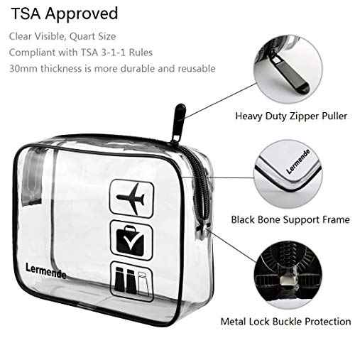 Lermende 2pcs Clear Toiletry Bag TSA Approved Travel Bag,Carry On for Travel,Airport Airline Accessories Compliant Bag,Quart Sized Makeup Cosmetic bag Women Men (Black, 2 Pack)