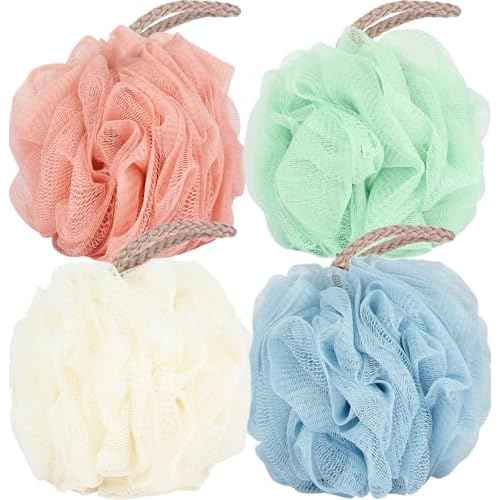 Fu Store Loofah Sponge Shower Loofahs 4 Colors Bath Sponges Mesh Balls for Body Scrubber Exfoliator Wash Back Scrubber Bathroom Men Women - 4 Pack Scrubbers Cleaning Bathing Accessories
