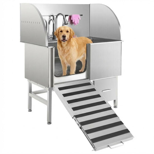 ActiveTrail Professional Stainless Steel Dog Grooming Tub, Collapsible Ramp, Storage Drawer, Pull-Out Faucet, Floor Grate, Dog Washing Station for Large, Medium, Small Pets, Left Door, 50 inch