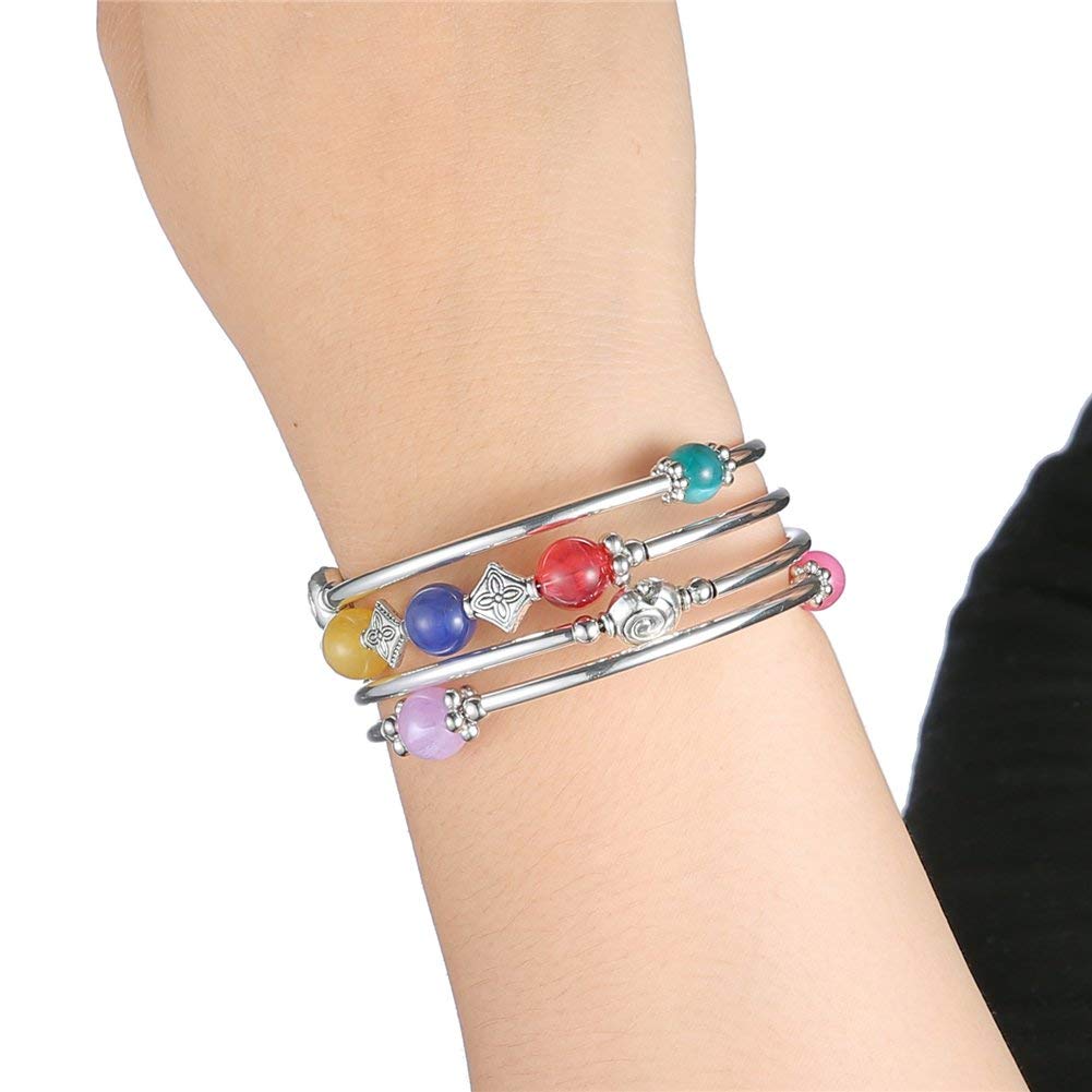 Beaded Pearl Bangle Wrap Bracelet - Fashion Bohemian Jewelry Multilayer Charm Bracelet with Thick Silver Metal Beads, Gift For Women(Colorful)