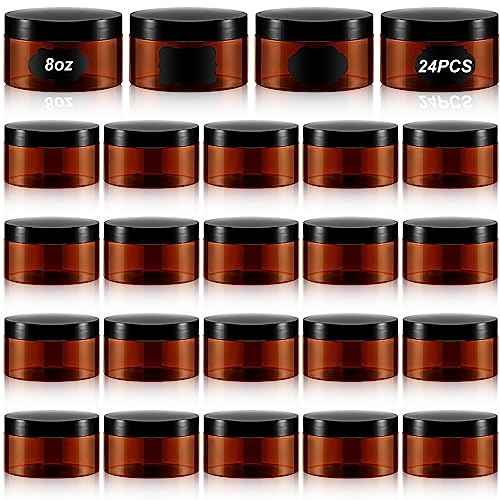 Dandat 24 Pcs 8 oz Plastic Jar Container with Lid and Label Refillable Empty Round Amber PET Cosmetic Sample Containers for Lotion, Cream, Ointments, Body Butter, Makeup, Travel Storage
