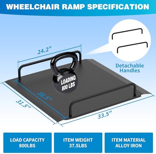 Door Threshold Ramp with Detachable Handles Fits for 2.0" to 9.0" Rise, Wheelchair Doorway Ramp for Scooters/Elderly/Walkers/Stairs(800 LBs Loading, 33.5" L*31.5" W, Alloy Iron, 37.5 LBs)