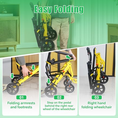 18lbs Ultra-Lightweight Transport Wheelchair for Adults & Elderly,220lbs Capacity,16.2" Seat,Portable Design for Travel & Home Use (Yellow)