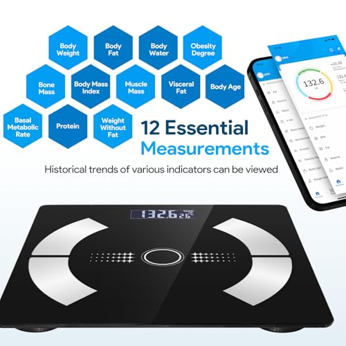 Smart Digital Body Fat Scale, Accurate LED Display Bathroom Scale with Mobile App for Body Composition Analysis - (Black)