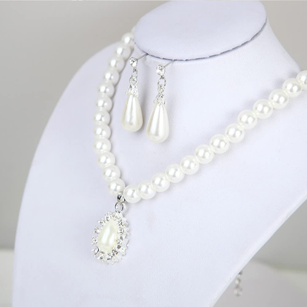 tenghong2021 Fashion Classic Faux Pearl Jewelry Set Necklace Bracelet Earrings for Women Best Gift (White water drop)