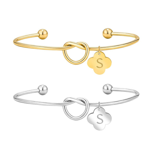 2Pcs Gold/Silver Initial Bracelets for Women Dainty Knot Letter A-Z Initial Bracelet for Women, Personalized Cuff Bangle Bracelet Jewelry Gifts for Women (S)