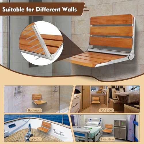16" Teak Folding Shower Seat Wall Mounted, Foldable Shower Bench, 400lbs Max Load, Space-Saving Fold Down Design for Seniors, Elderly & Small Shower Spaces