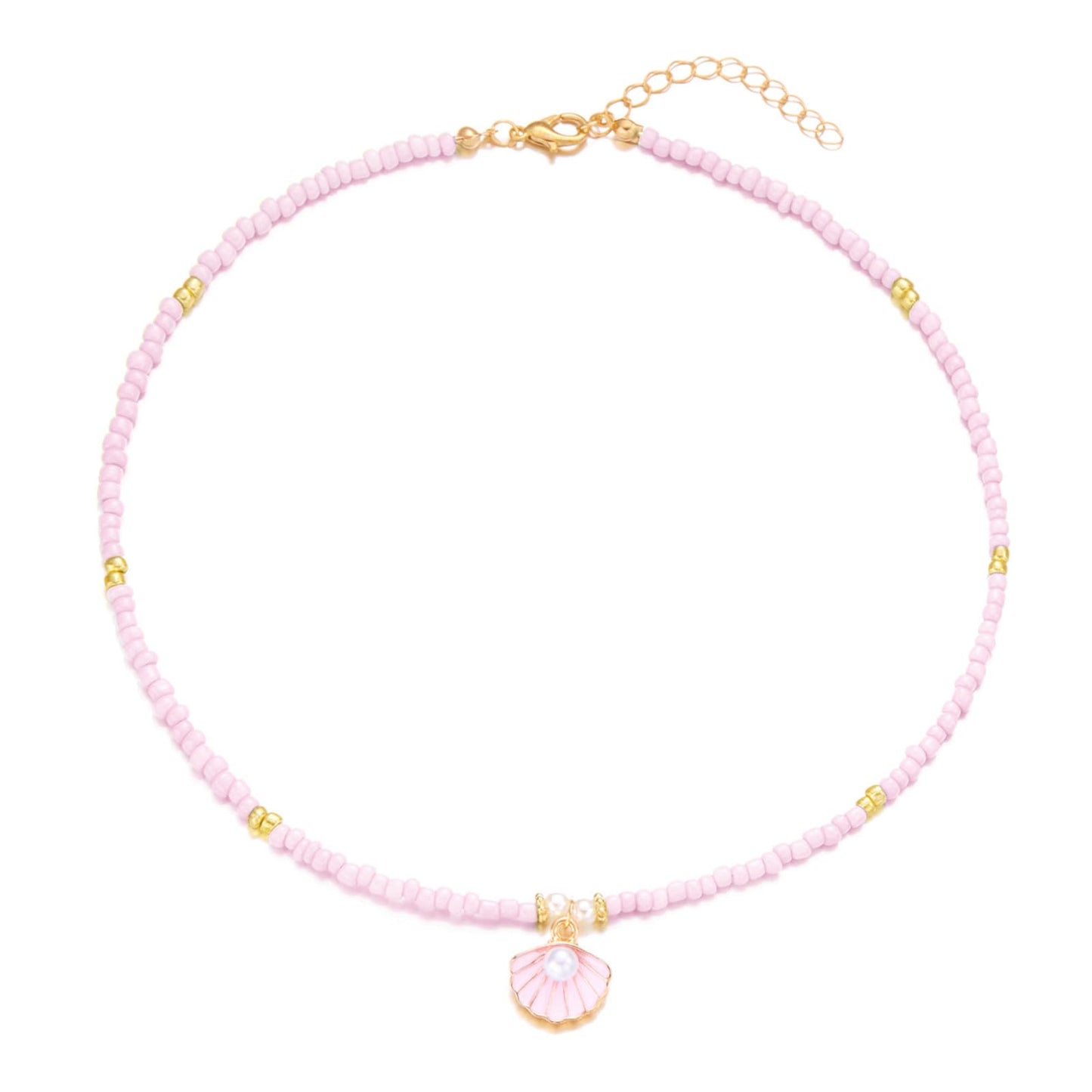 Seashell Pearl Pendant Necklace Gold Plated Boho Enamel Pink Blue Scallop Sea Shell Starfish Ocean Animal Chain Necklace for Women Hawaiian Summer Beach Holiday Fashion Jewelry Gifts (Pink beaded necklace)