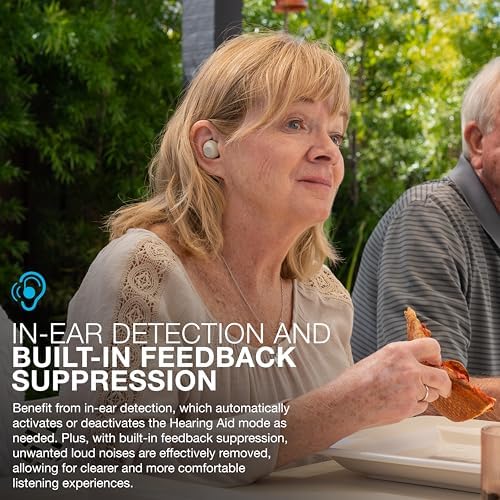 JLab Hear OTC Hearing Aid & Earbuds, Cloud White, Traditional Earbud Fit, Four Preset Hearing Modes, in-Ear Detection and Built-in Feedback Suppression, Independent Volume Control and Touch Controls