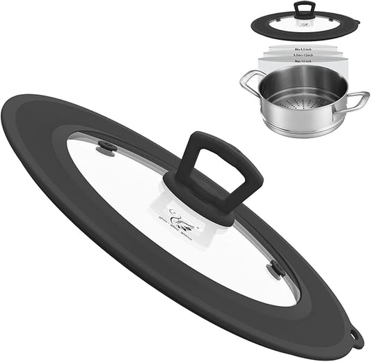 Vented Tempered Glass Universal Lid for Pot Pan Skillet with Heat Resistant Silicone Rim Microwave Splatter Lid Cover Microwave Safe Fit 9.5â 10â 10.5â 11â Cookware, Dishwasher Safe Black
