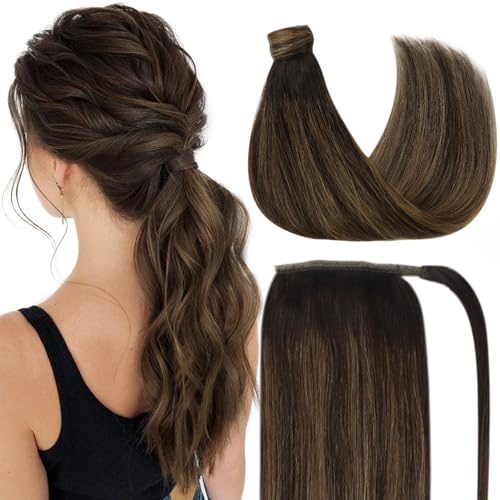 Ve Sunny Ponytail Extension Real Human Hair for Women Clip in Ponytail Hair Extension Straight Hair Pieces Wrap Around Dark Brown Mix Medium Brown Highlights Brown Balayage 16inch 80G