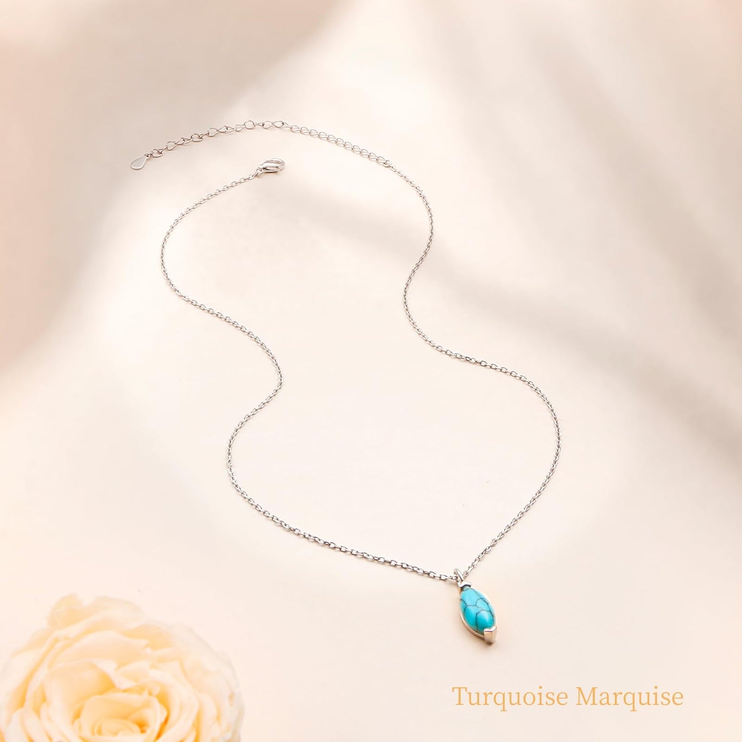 FLYOW Dainty Marquise Necklace 925 Sterling Silver Solitaire Turquoise Pendant Jewelry for Women Birthday Gifts (Turquoise Marquise)