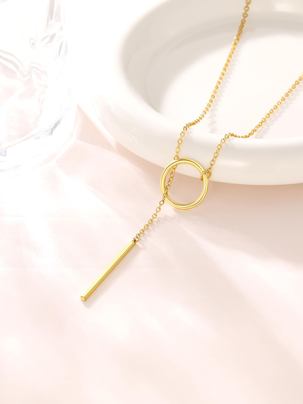 FOCALOOK Long Gold Necklaces for Women 14K Gold Plated Drop Vertical Bar Pendant Lariat Necklace 28inch/73cm