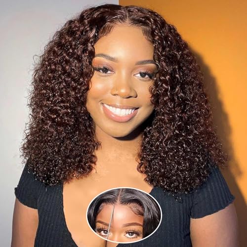 Bob Wig Human Hair Deep Wave Glueless Wigs Human Hair Pre Plucked Pre Cut Chocolate Brown 5x5 Wear and Go Wig for Black Women Lace Front Glueless Wigs Human Hair 16Inch