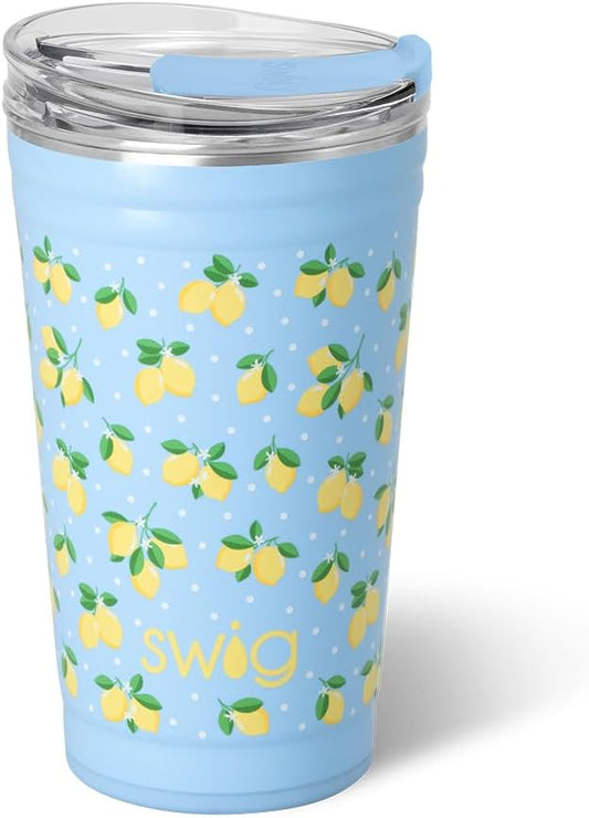 Swig Life 24oz Party Cup, Stackable Insulated Travel Coffee Tumbler with EZ Slider Lid, Cup Holder Friendly Travel, Stainless Steel 24 oz Tumbler, Reusable Mug (Lemon Meringue)