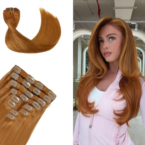 Remy Hair Extensions clip ins Hair Etensions for Women #30 Light Ginger Brown Double Weft Natural Hair Extensions Straight 8Pcs Soft and Thick 20inch 100g