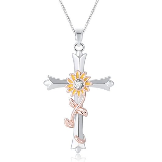 ACECHA Silver Cross Necklace for Women, Dainty Faith Cross Pendant Necklaces with Sunflower Jewelry for Mom Wife Daughter Sister | Gifts for Birthday Anniversary Christmas Easter(Sunflower-Happiness)
