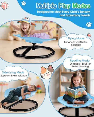 Cat Paw Spinning Chair for Autistic Kids, Sensory Swivel Chairs for Kids, Sit and Spin Sensory Toys Autism ADHD Chairs Training Body Coordination Sensory Chair- Blue