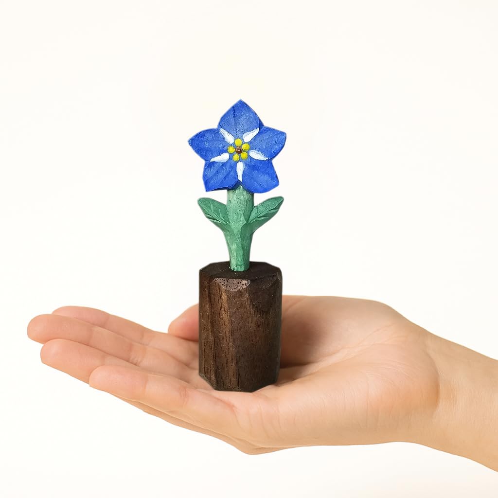 Artisan Wooden Blue Flower Figurine – Handcrafted Decorative Keepsake, Unique Gift for Her, Anniversary, Birthday, or Friendship, Natural Wood Sculpture with Gift Box Included