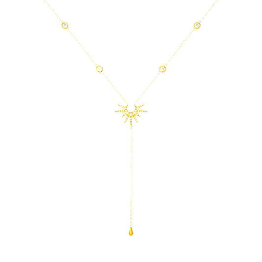 925 Sterling Silver Lariet Necklace, 14K Yellow Gold Long Y Necklace with Zircon Geometric Long Pendant Necklace for Women, Vintage Charm Silver Lariat Jewelry Accessories (G Gold - Lariat Necklace)