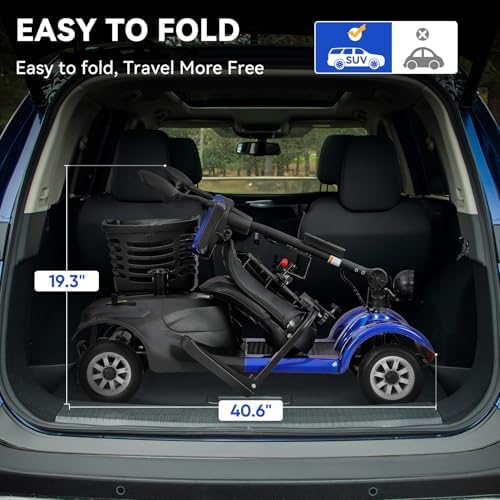 4-Wheel Mobility Scooter for Adults & Seniors - Heavy-Duty Compact Travel Scooter with Long-Lasting Battery, LED Lights, Basket & Portable Design (Blue)
