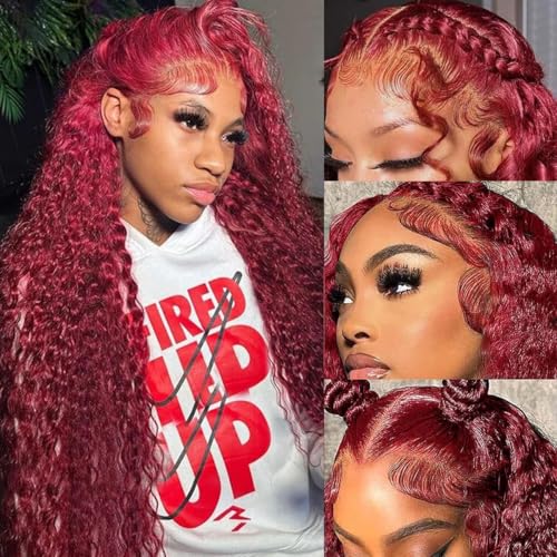 99j Burgundy Lace Front Wigs Human Hair 13x6 Deep Wave Lace Front Wigs Human Pre Plucked 180 Density HD Transparent Red Colored Wigs for Women with Baby Hair 20 Inch
