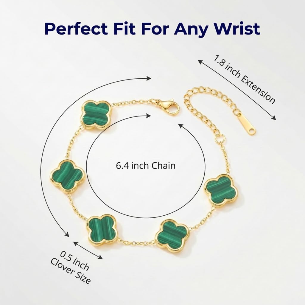 SHINYY Four Leaf Clover Bracelet for Women | 18K Gold Plated Cubic Zirconia Link Bracelet | 4 Leaf Lucky Jewelry Gift for Her (Green Gold Simple)
