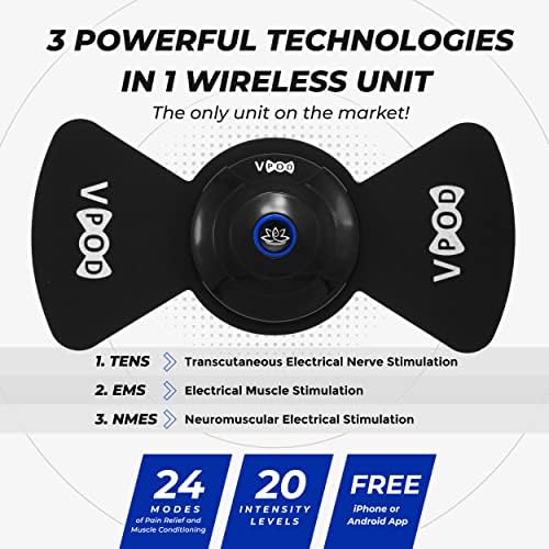 VPOD Deluxe TENS Unit Muscle Stimulator with EMS Therapy for Muscle Recovery, Back Pain Relief, Neck Pain Relief and Sciatica Pain Relief, 24 Modes, Wireless, Portable, and Bluetooth-Enabled