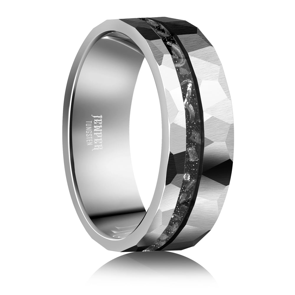 JEWPER 8mm Men Womens Wedding Band Tungsten Rings silver Hammer pattern Fashion Promise Carbide Inlaid Iron Filings Matte Finish Edge Comfort Fit size(11)