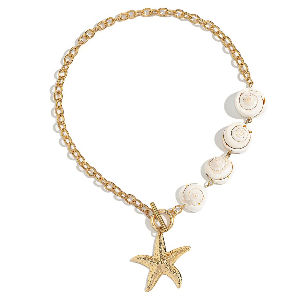 Gold Plated Starfish White Conch Imitation Pearl Charm Choker Pendant Necklace for Women Cute Seaside Beach Necklaces Toggle Clasp Hypoallergenic Fashion Trendy Summer Jewelry 16"