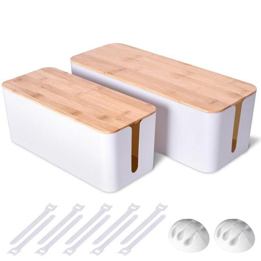 2 Pack Large Cable Management Box – Wooden Style Cord Organizer and Cover for TV Wires, Computer, Router, USB Hub and Under Desk Power Strip – Safe ABS Material and Baby-Pets Proof Lock (White)
