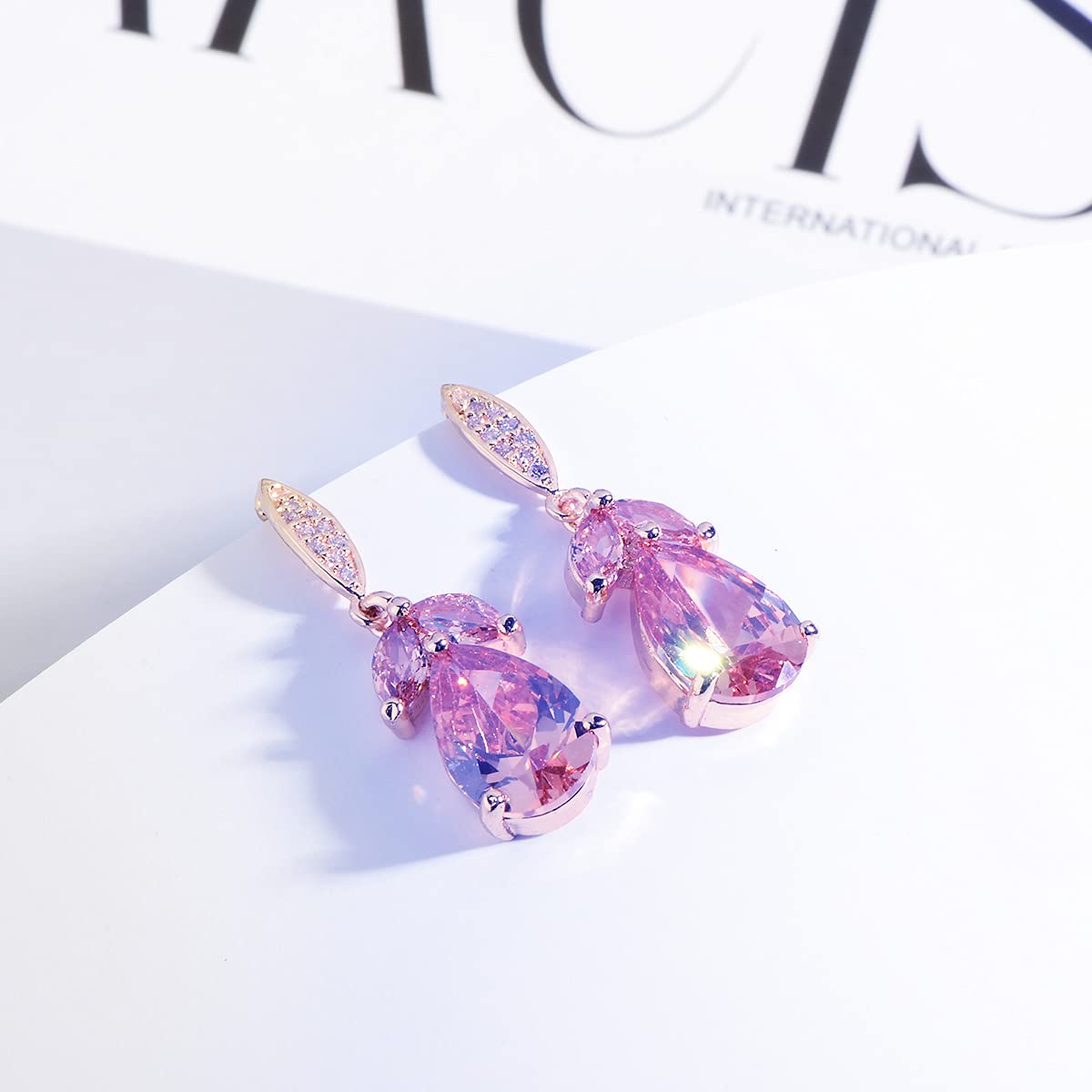Marquise Teardrop Earrings Pink Elegant 14k Gold Plated Teardrop Cluster Floral Leaf CZ Crystal Rhinestone Wedding Earring for Bride Bridesmaids Mother of Bride Party Prom