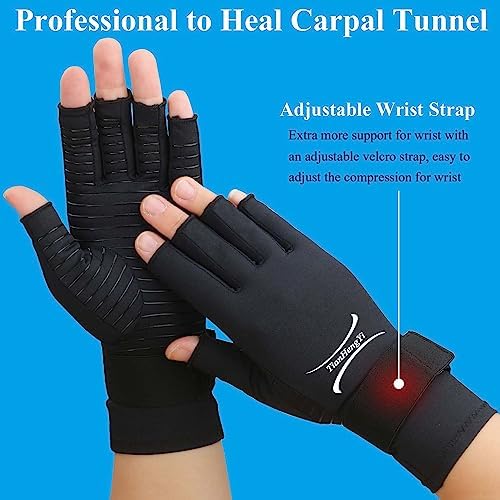 2 Pairs Copper Arthritis Gloves for Women Men, Fingerless Compression Gloves Relieve Hand Pain, Typing Gloves for Arthritis, Carpal Tunnel, Tendonitis, RSI with Adjustable Wrist Strap (Small/Medium)