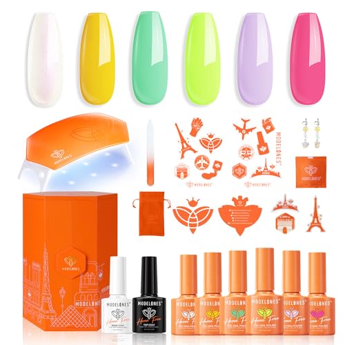 Modelones Gel Nail Polish Kit with U V Light, 6 Colors Hema-free Paris-Themed Summer Gel Nail Polish Set, Base&Top Coat, Decorations Gel Nail Kit Manicure DIY Nail Art Salon Home Gift For Women