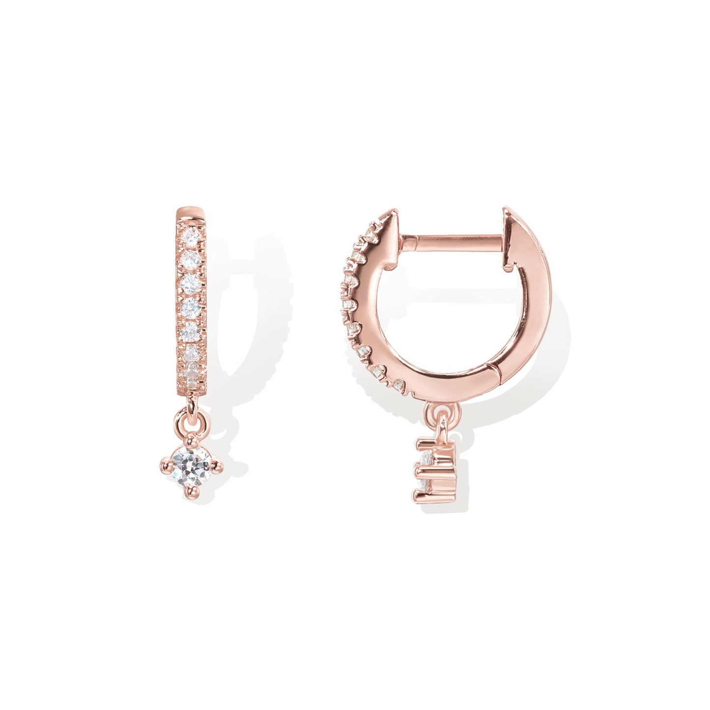 PAVOI 14K Rose Gold Plated 925 Sterling Silver Post Trendy Cubic Zirconia Round Dangle Huggie Earrings for Women - Small Gold Hinged Huggie Hoop Earrings