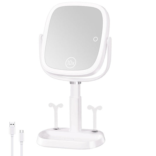 FRANO Vanity Mirror with Lights, Rectangular Lighted Makeup Mirror with 3 Color Lights, 1X/10X Magnification, Adjustable Height, 360° Rotation, 4000mAh Rechargeable for Desk, Gifts for Women