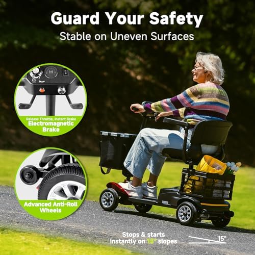 Mobility Scooters for Seniors& Adults Foldable Powered Wheelchair Device with Dual Detachable Baskets 4 Wheel Mobility Scooter with Long Travel Range (Red-Black)