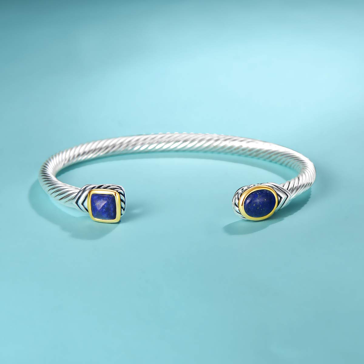 UNY Jewel Bracelet Designer Brand Inspired Women Jewelry 4.5mm Thin Twisted Cable Wire Bangle Gem Stone Christmas Day Gift (Lapis Blue)