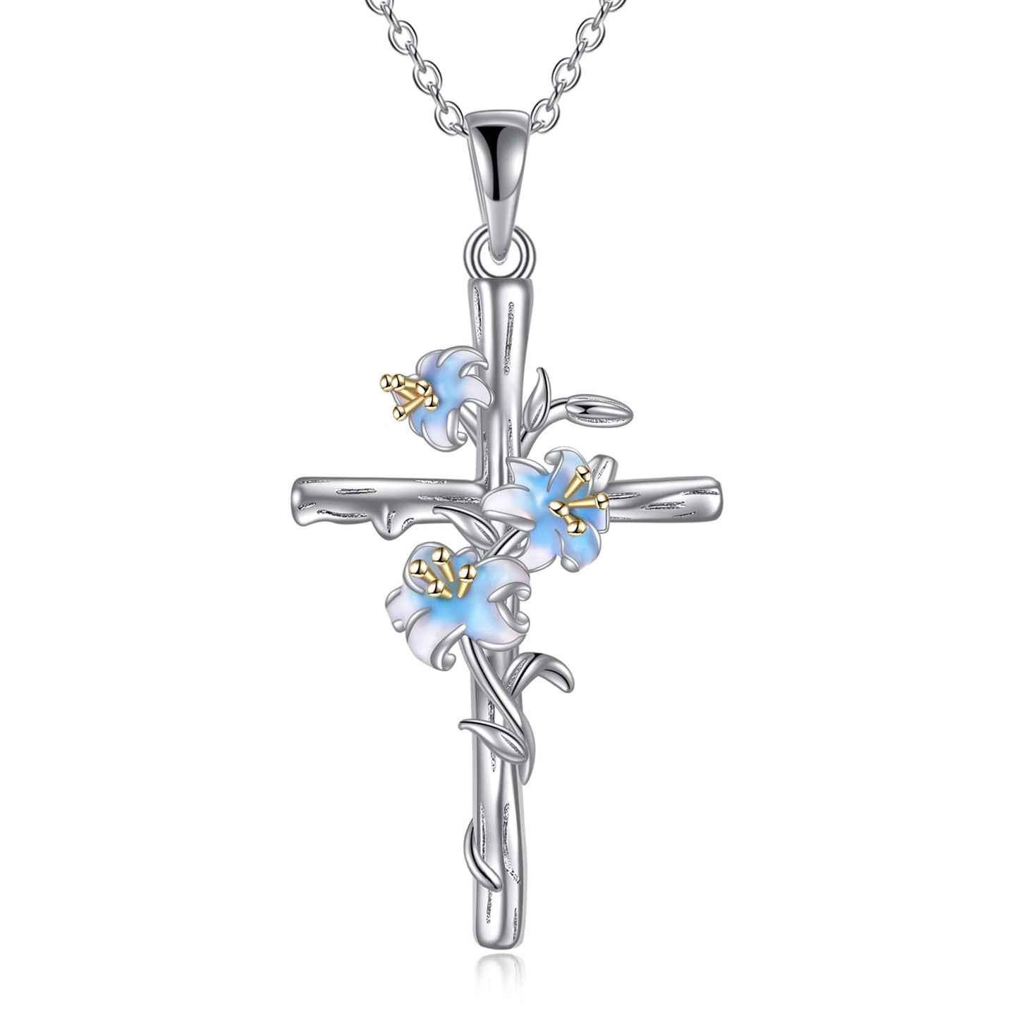 LUHE Women Cross Necklace Sterling Silver religious Lily Flower Cross Pendant Necklace Jewelry Gifts for Women