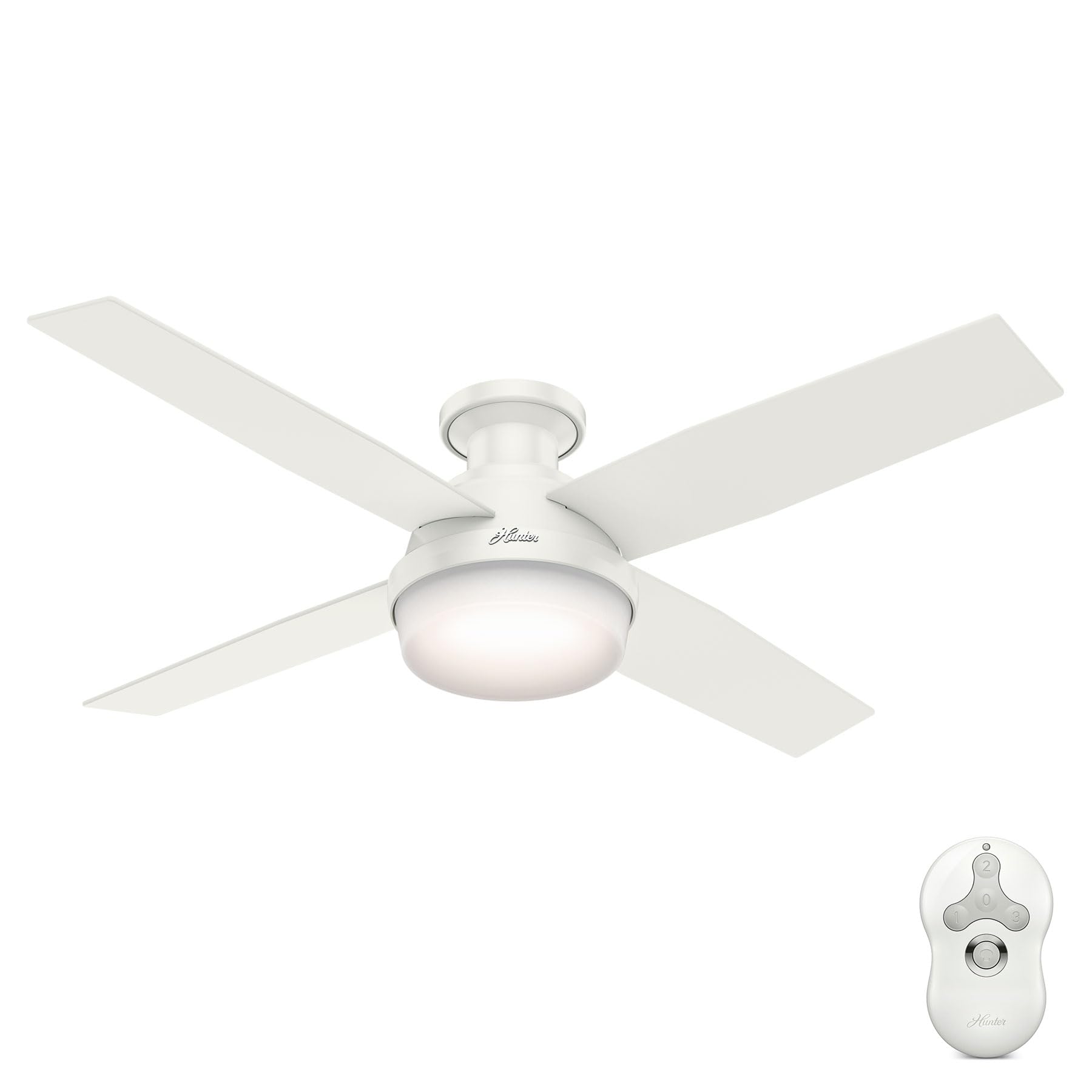 Hunter 52 inch Indoor Ceiling Fan with LED Light and Remote Control - White Modern Ceiling Fan, Low Profile Mount, 4 Blades, For Bedroom, Living Room, or Kitchen, Quiet - Dempsey 59242, Fresh White
