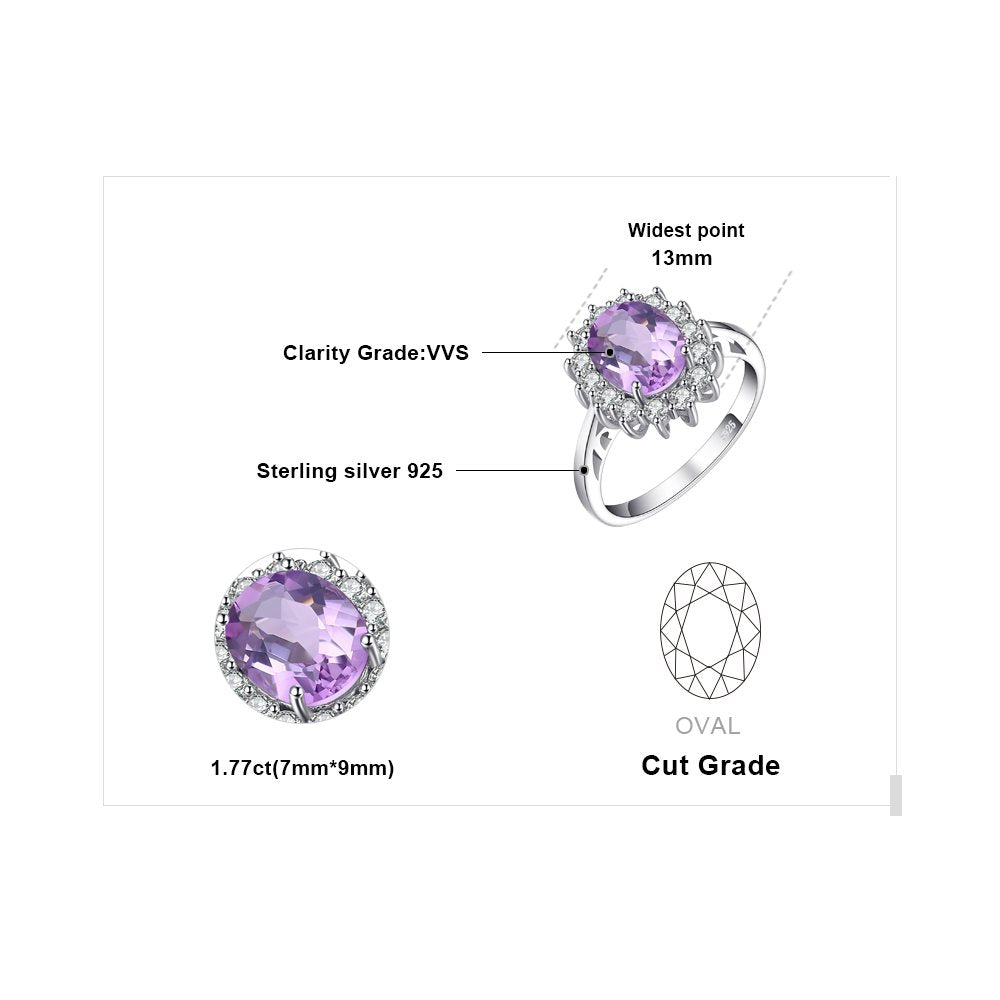 JewelryPalace Princess Diana Kate Middleton Gemstone 1.8ct Genuine Purple Amethyst Halo Statement Engagement Rings for Women, 14K White Gold Plated 925 Sterling Silver Promise Rings for Her 10.5