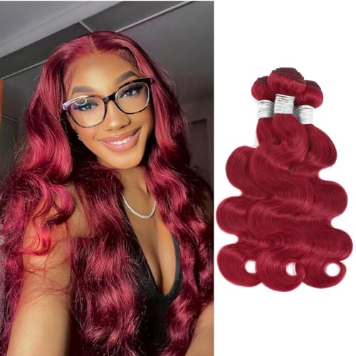 Red Burgundy 3 Bundles Human Hair Body Wave, 12A Colored 100% Unprocessed Remy Hair Soft and Bouncy Burgundy Cherry Red 99J Human Hair Wavy Bundles Sew in Double Weft Quick Weave 10 12 14 Inch