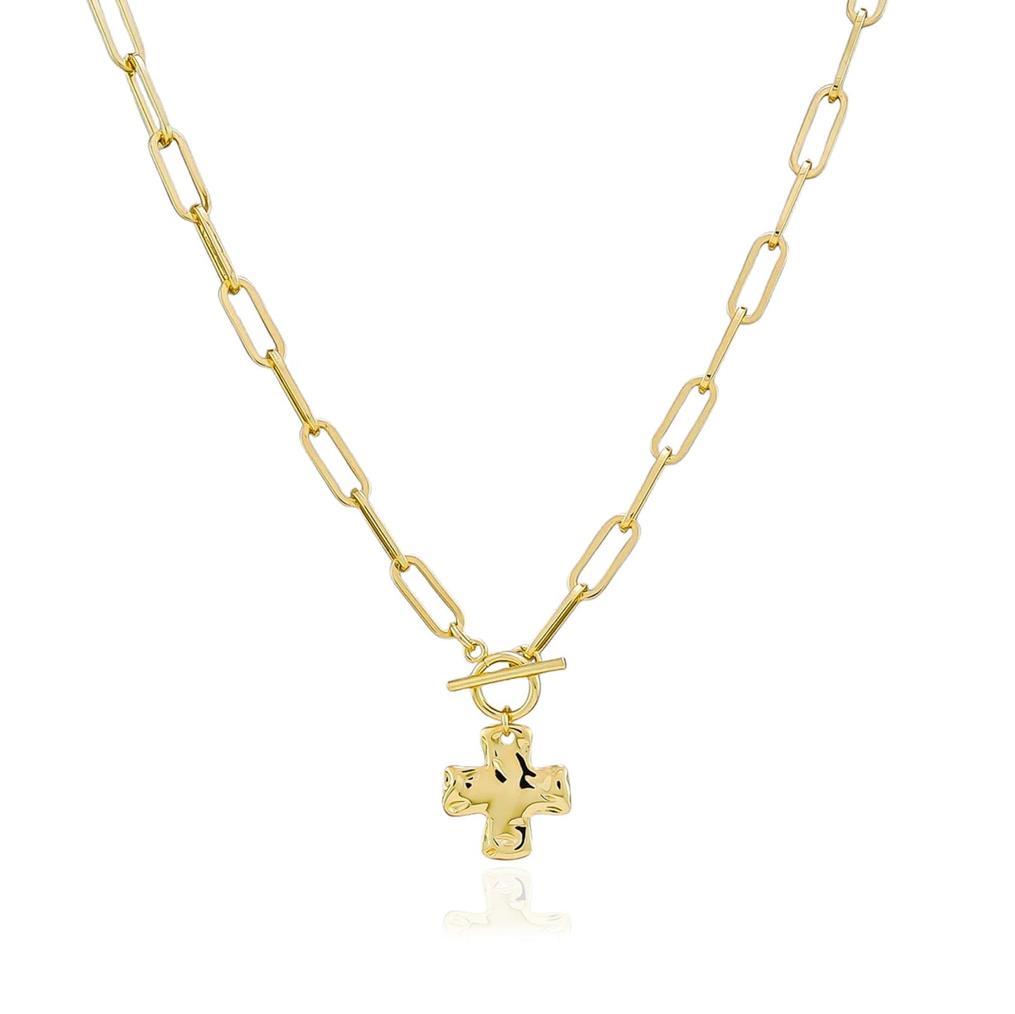 Bheop Chunky Cross Necklace for Women Trendy 14K Real Gold Plated Statement Cross Pendant Charm Necklace Toggle Clasp Long Big Paperclip Faith Chain Costume Jewelry Gift Non Tarnish 2CM