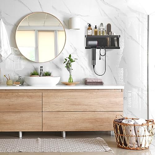 Hair Dryer Holder, Blow Dryer Organizer, Hair Dryer Holder Wall Mounted with Shelf for Bathroom, Salon, Bedroom Organizers & Storage(Matte Black)