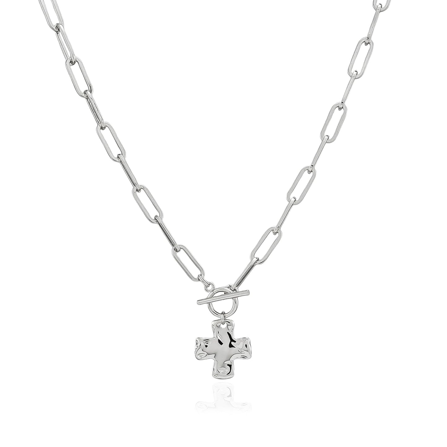 Bheop Chunky Cross Necklace for Women Trendy Silver Plated Statement Cross Pendant Charm Necklace Toggle Clasp Long Big Paperclip Faith Chain Costume Jewelry Gift Non Tarnish 2CM